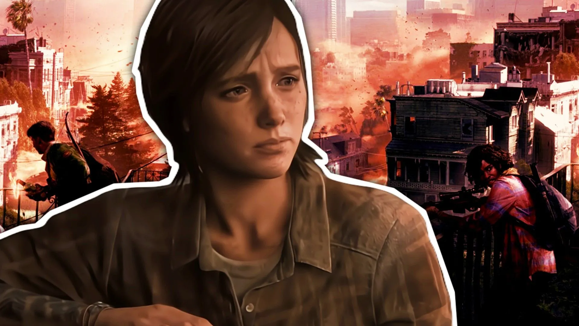 Ellie, nhân vật chính The Last of Us, đứng trước hình ảnh của hai nhân vật từ dự án Factions đã bị hủy bỏ