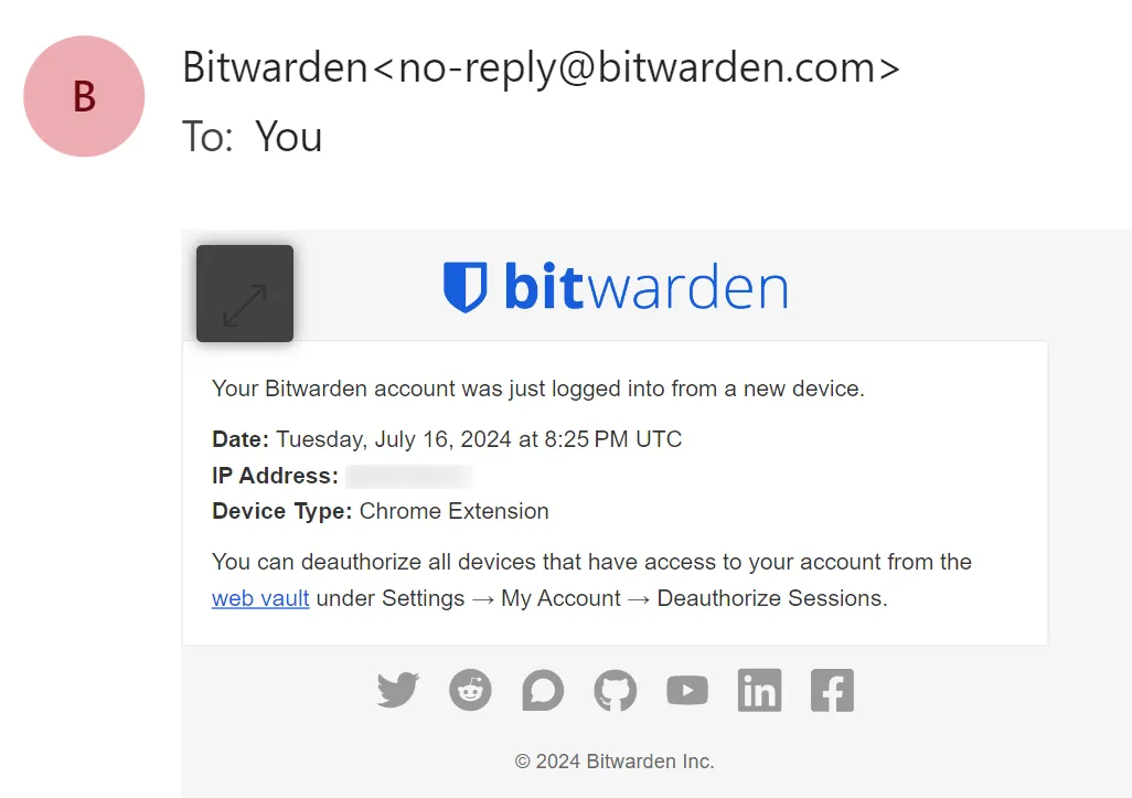 Email cảnh báo đăng nhập tài khoản Bitwarden