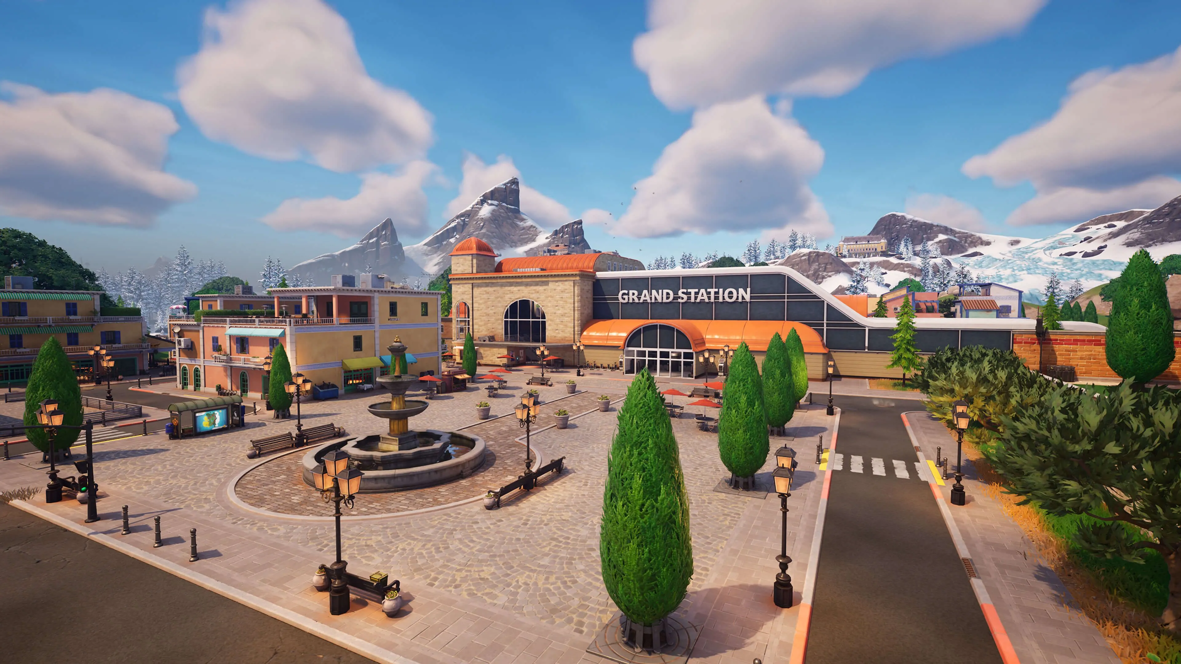 Ga Grand Station trong Fortnite, một khung cảnh game bắn súng góc nhìn thứ nhất, minh họa thể loại game được hưởng lợi lớn từ việc hỗ trợ chuột trên Switch 2.