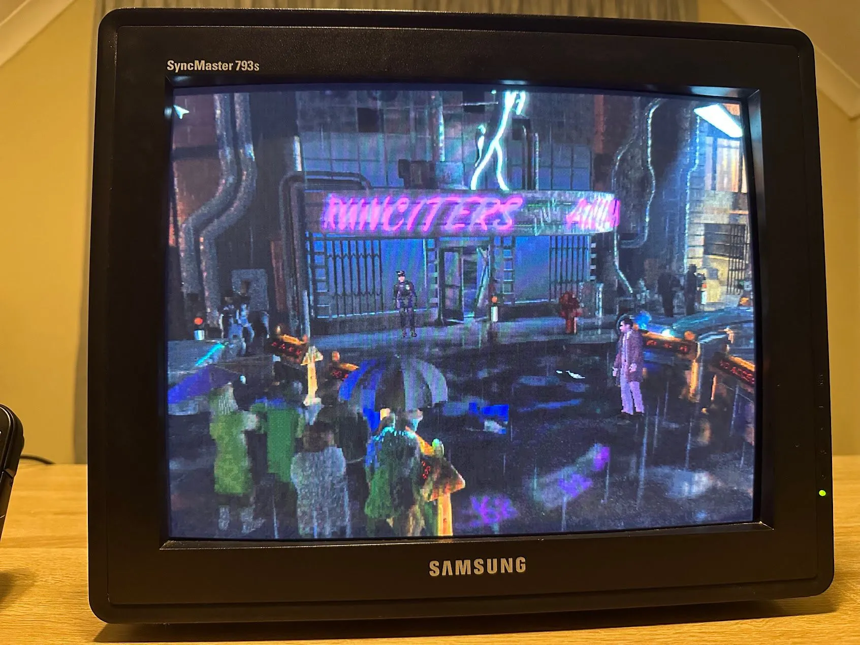 Game Blade Runner với đồ họa neon và không khí cyberpunk huyền ảo, tái hiện sống động trên màn hình CRT.