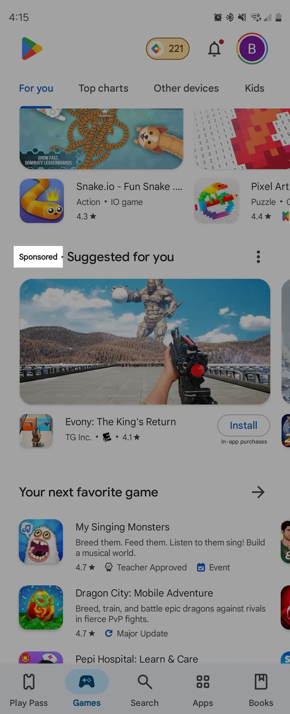 Game được tài trợ hiển thị dưới dạng băng chuyền (carousel) trên Google Play Store