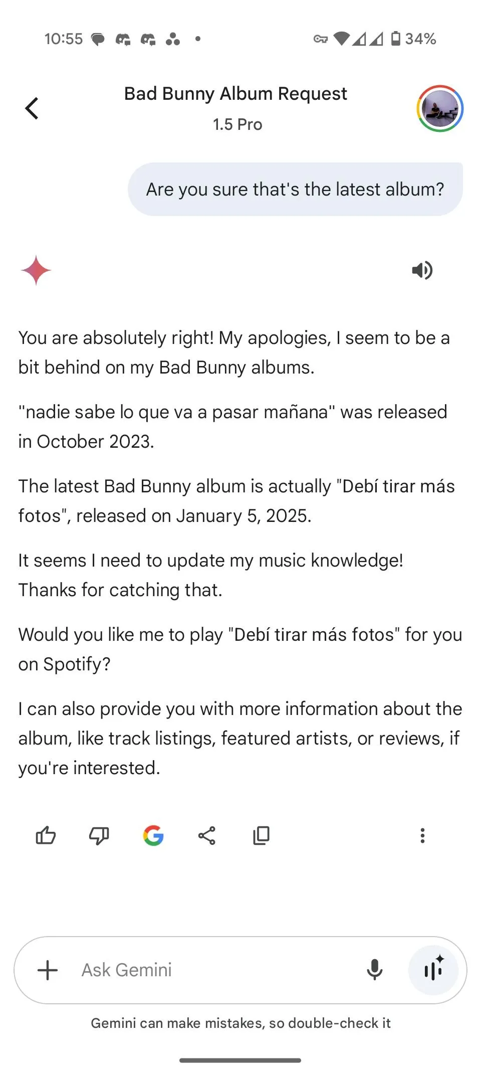 Gemini Assistant điều chỉnh để tìm album mới của Bad Bunny sau khi được yêu cầu lại, so với khả năng tìm đúng ngay lập tức của Perplexity.