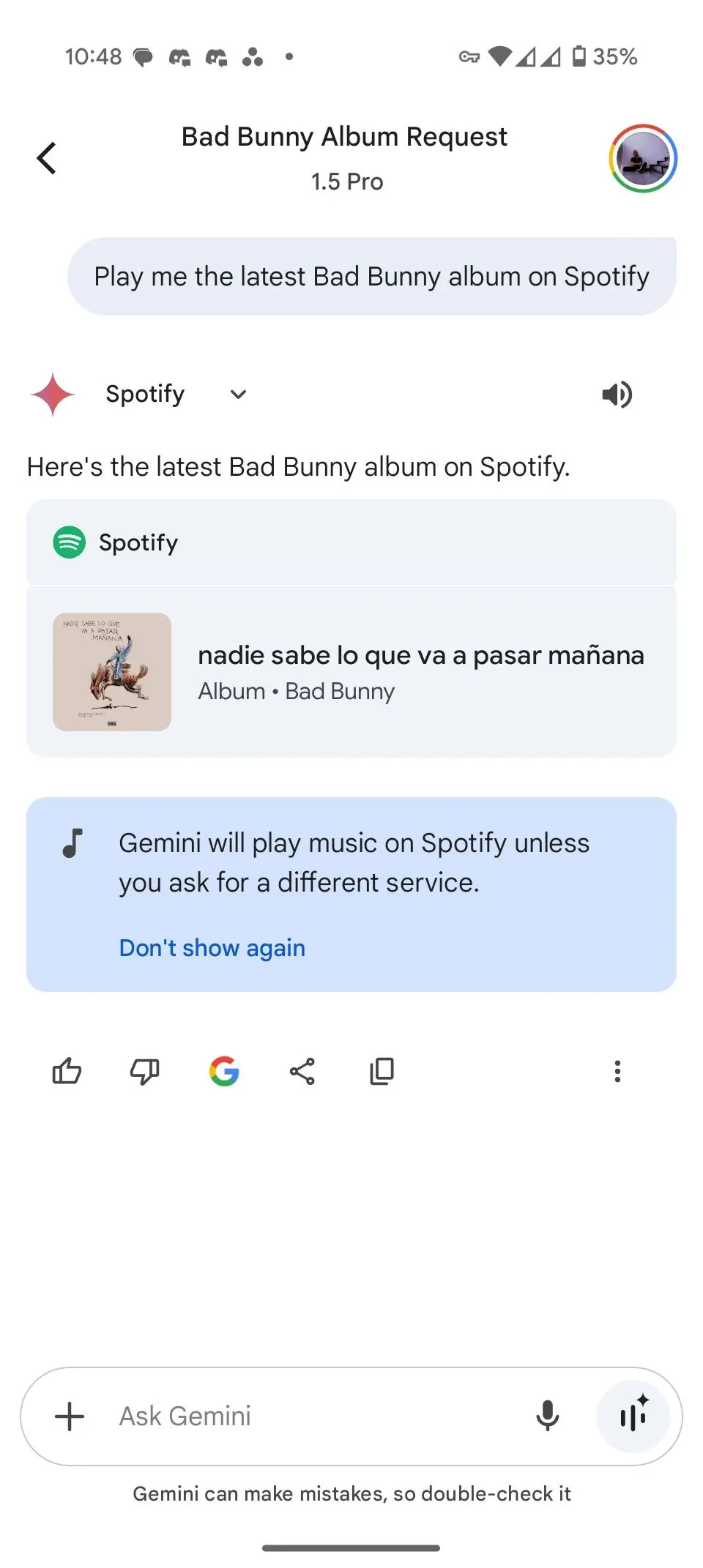 Gemini Assistant hiển thị album &quot;YHLQMDLG&quot; của Bad Bunny, cho thấy sự chậm trễ trong việc cập nhật thông tin.