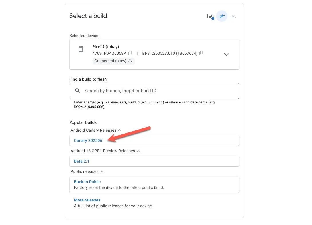 Giao diện Android Flash Tool hiển thị tùy chọn chọn bản build Android Canary để cài đặt trên thiết bị Google Pixel.