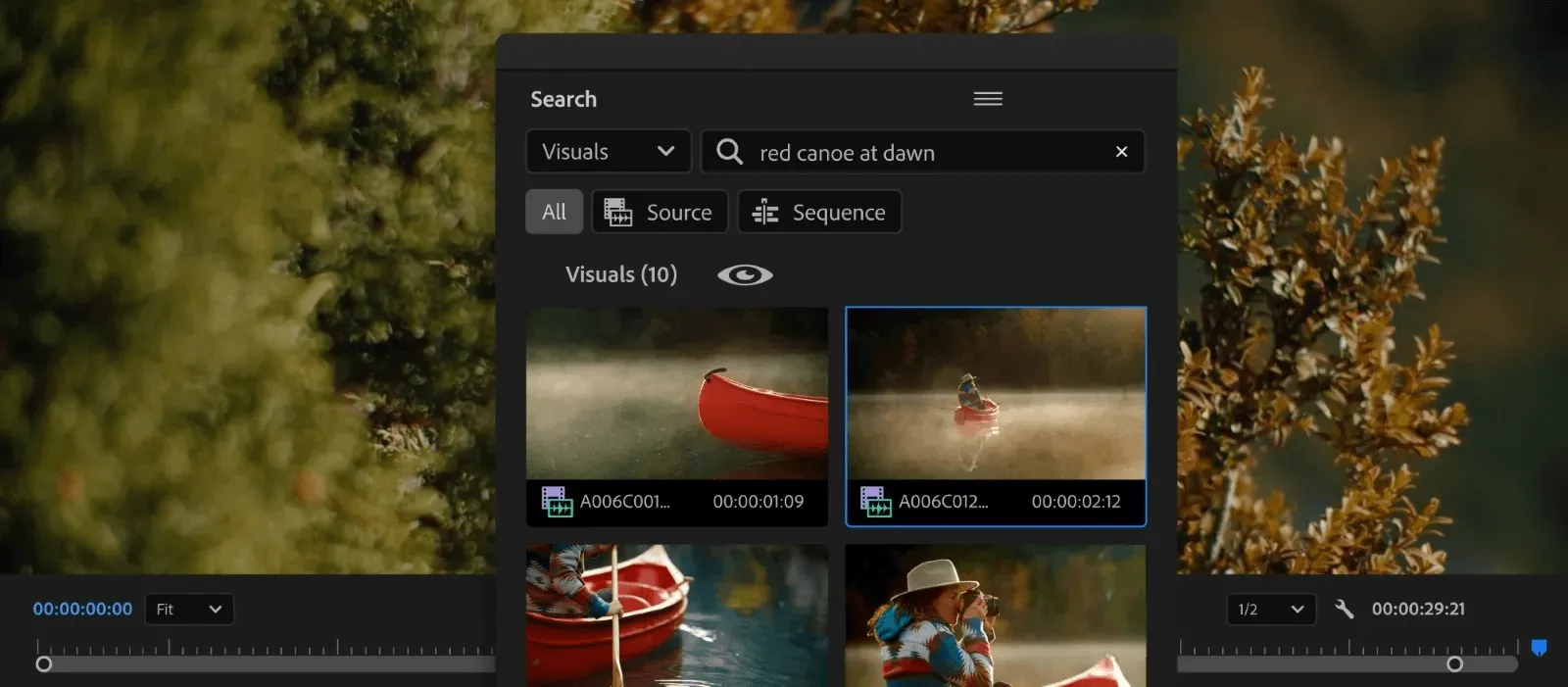 Giao diện bảng tìm kiếm trong Premiere Pro hiển thị tùy chọn tìm kiếm trực quan được chọn.