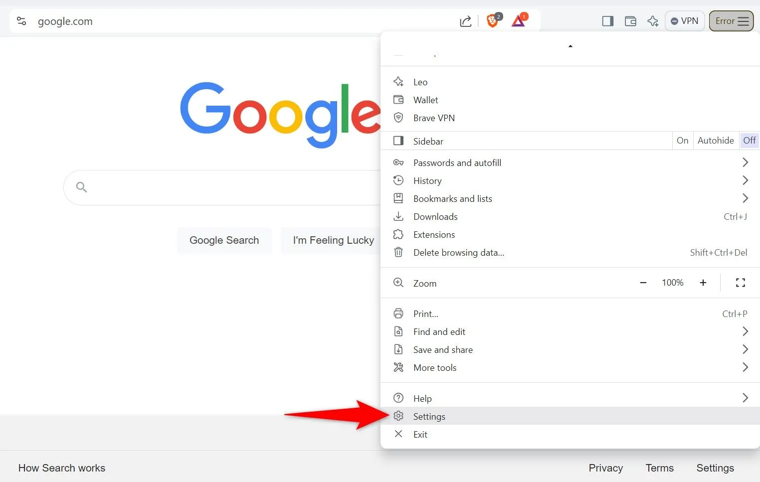 Giao diện Brave trên máy tính với menu Cài đặt được mở, nhấn mạnh tùy chọn &quot;Settings&quot;.
