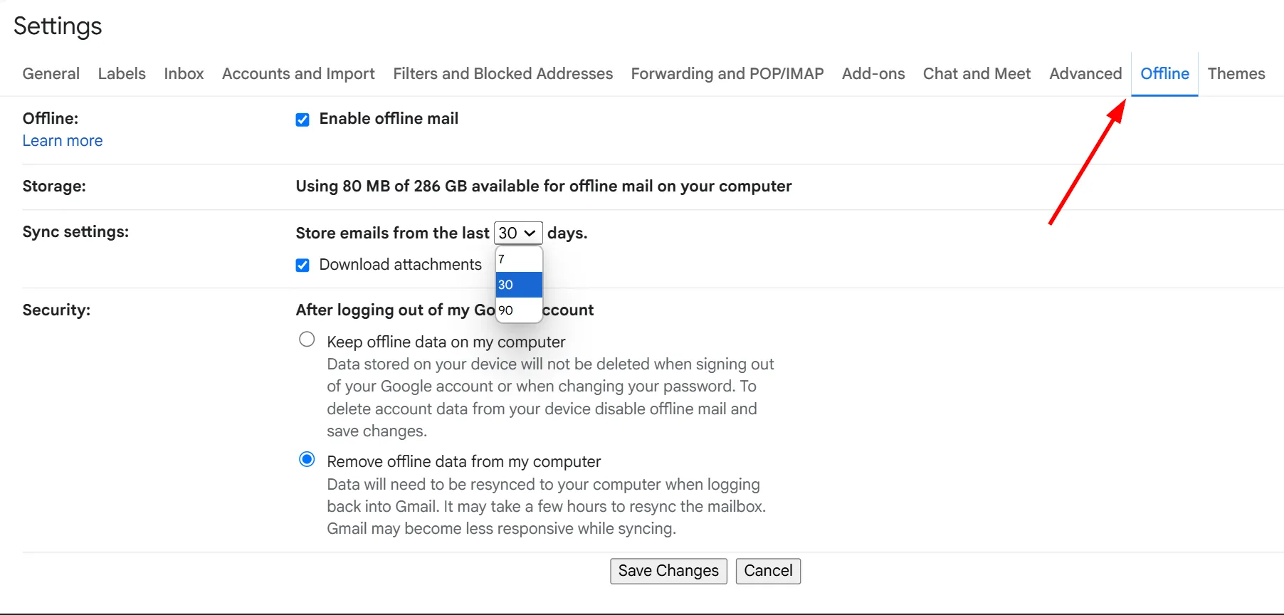 Giao diện cài đặt chế độ ngoại tuyến của Gmail với tùy chọn 'Bật chế độ mail ngoại tuyến' được chọn.
