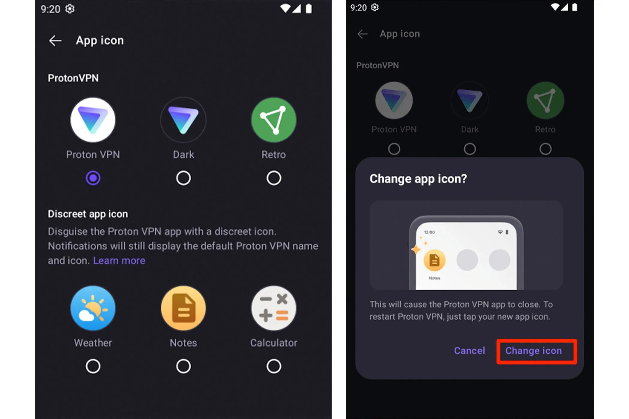 Giao diện cài đặt cho phép ẩn biểu tượng ứng dụng Proton VPN trên thiết bị Android, giúp người dùng duy trì quyền riêng tư.