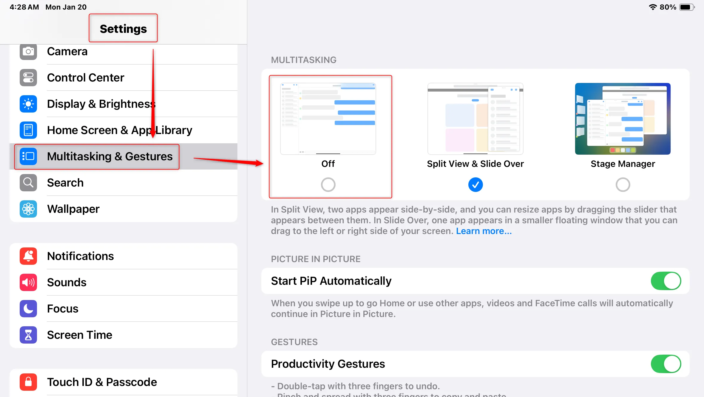 Giao diện cài đặt Đa nhiệm & Cử chỉ trên iPad, hiển thị các tùy chọn bật/tắt tính năng đa nhiệm.