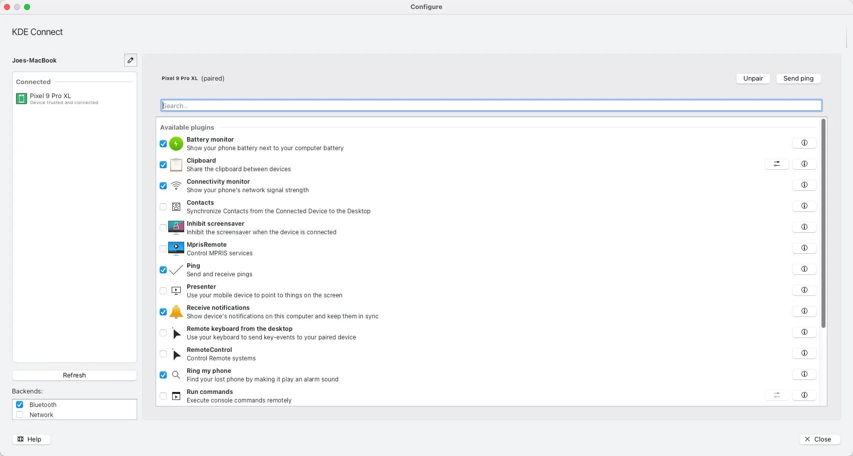Giao diện cài đặt và cấu hình các plugin của KDE Connect trên máy Mac, hiển thị danh sách các tính năng có thể tùy chỉnh cho thiết bị Android đã kết nối