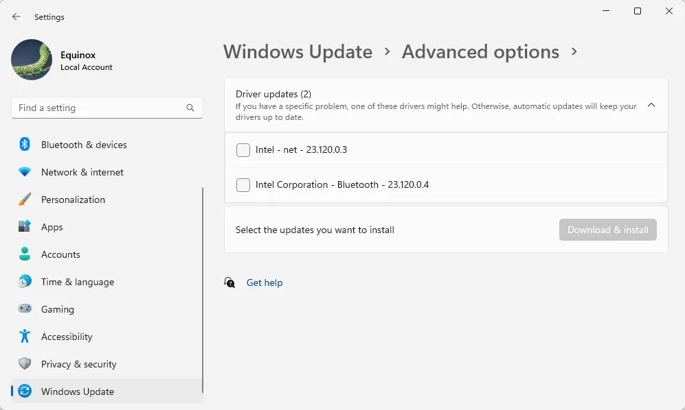 Giao diện cập nhật driver trong phần Windows Update