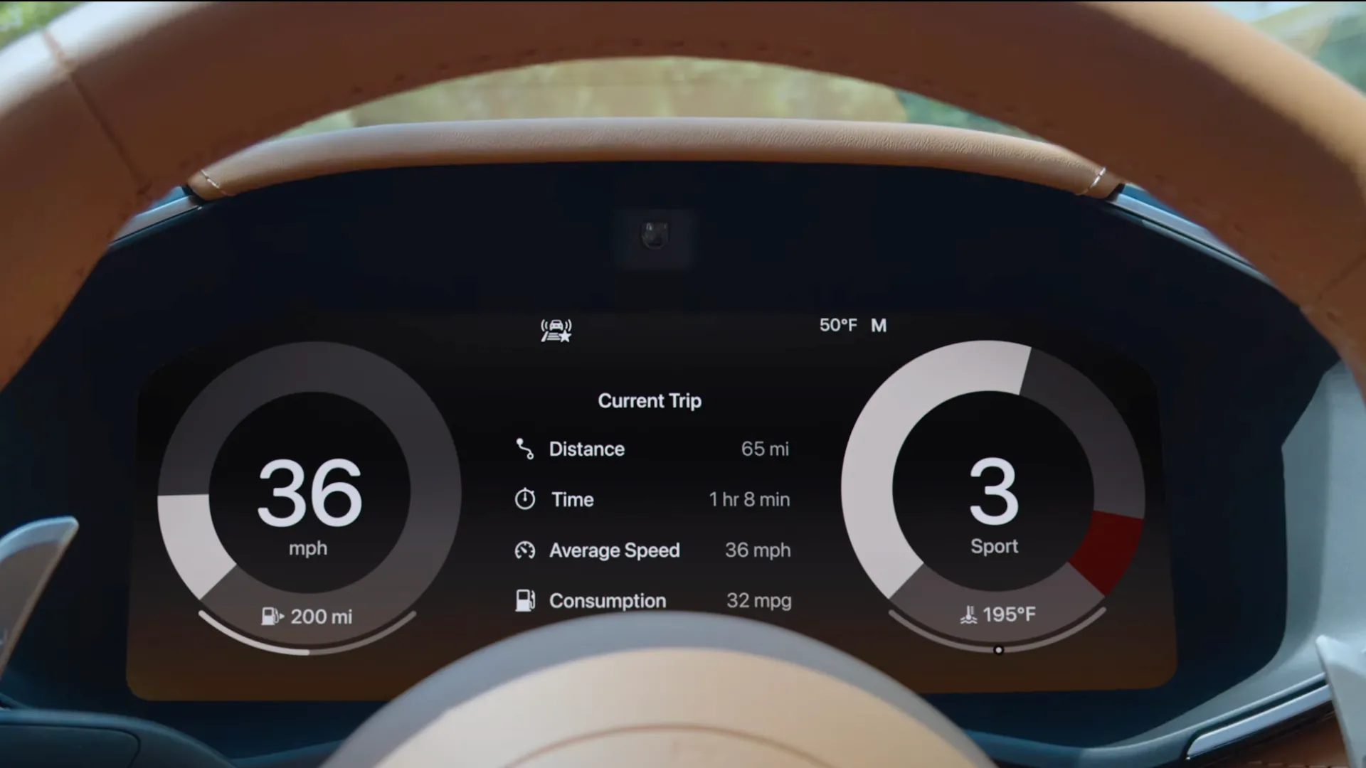 Giao diện CarPlay Ultra được hiển thị trên bảng đồng hồ kỹ thuật số của ô tô, tích hợp thông tin xe và iPhone.