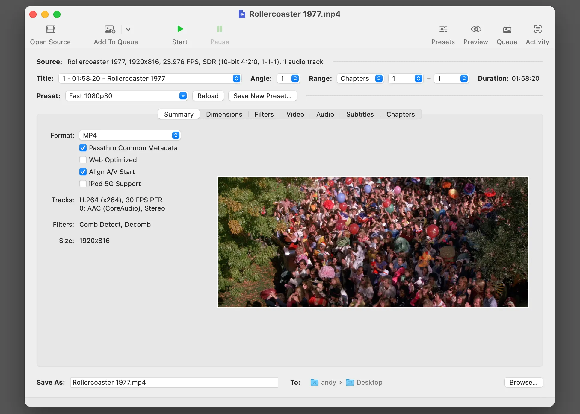 Giao diện chính của HandBrake, phần mềm chuyển đổi video mã nguồn mở trên macOS, với các tùy chọn cài đặt đầu ra và thông tin video nguồn.