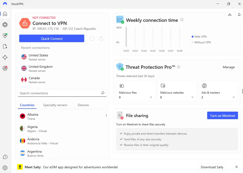 Giao diện chính của NordVPN trên Windows