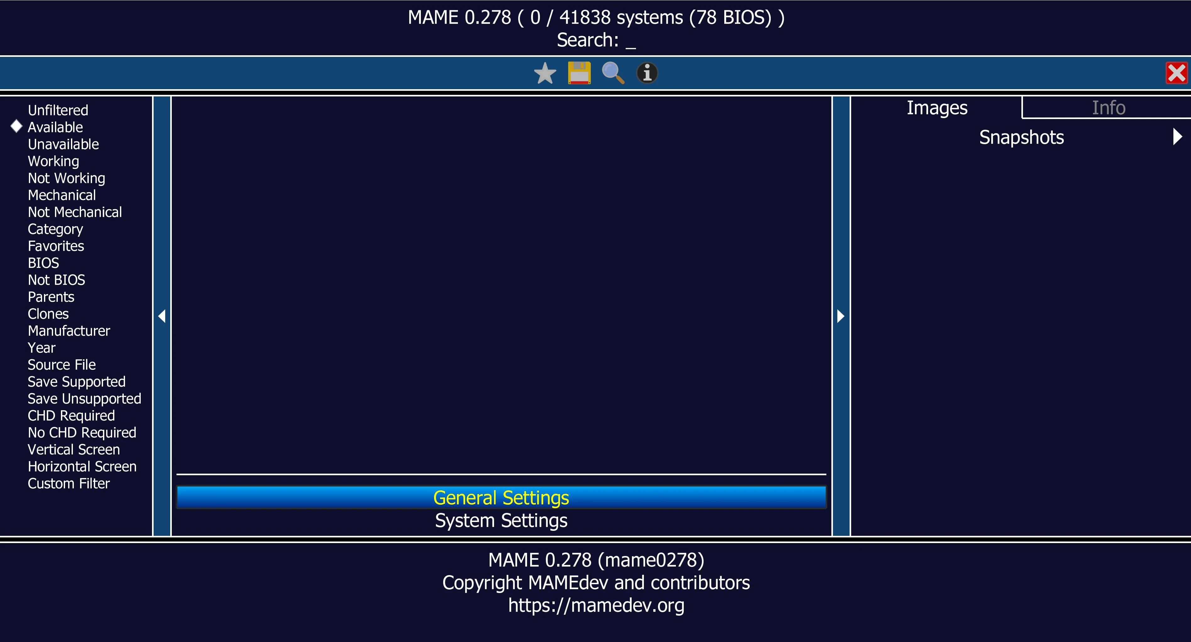 Giao diện chính của phần mềm giả lập MAME trên máy tính Windows 11.