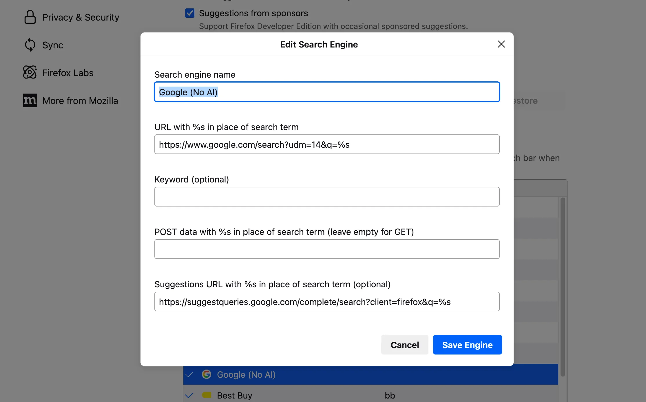 Giao diện chỉnh sửa và thêm công cụ tìm kiếm tùy chỉnh trong Firefox 140