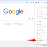 Giao diện Chrome trên máy tính với menu Cài đặt được mở, nhấn mạnh tùy chọn "Settings".