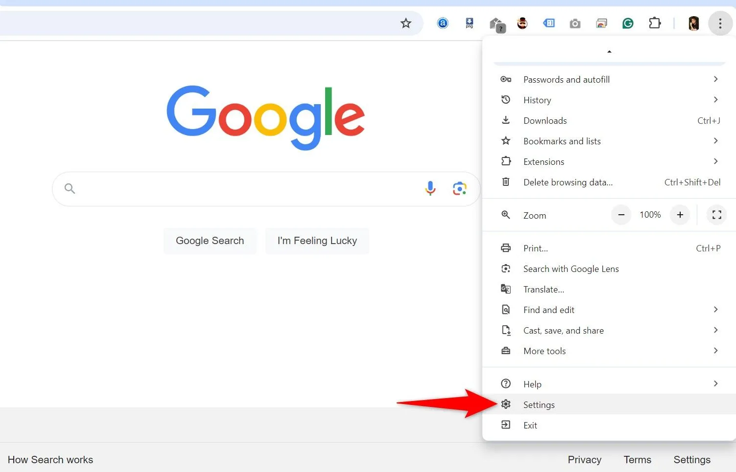 Giao diện Chrome trên máy tính với menu Cài đặt được mở, nhấn mạnh tùy chọn "Settings".