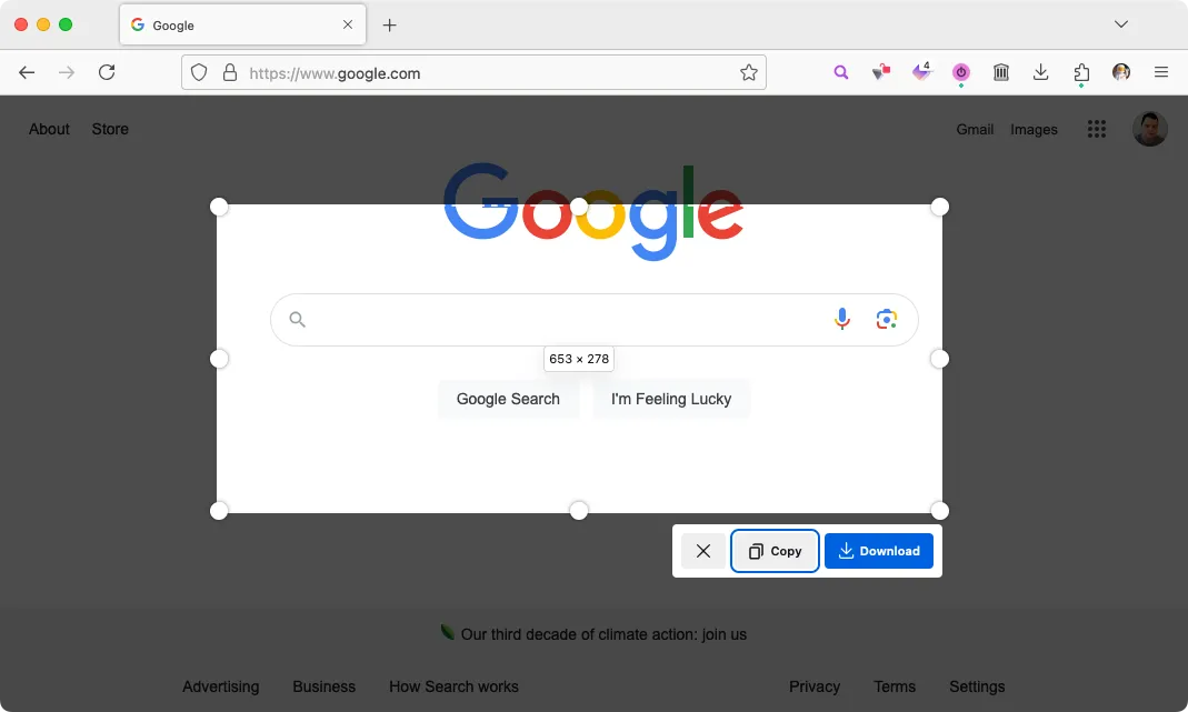 Giao diện công cụ chụp màn hình mới của Firefox 127 đang hoạt động trên trình duyệt