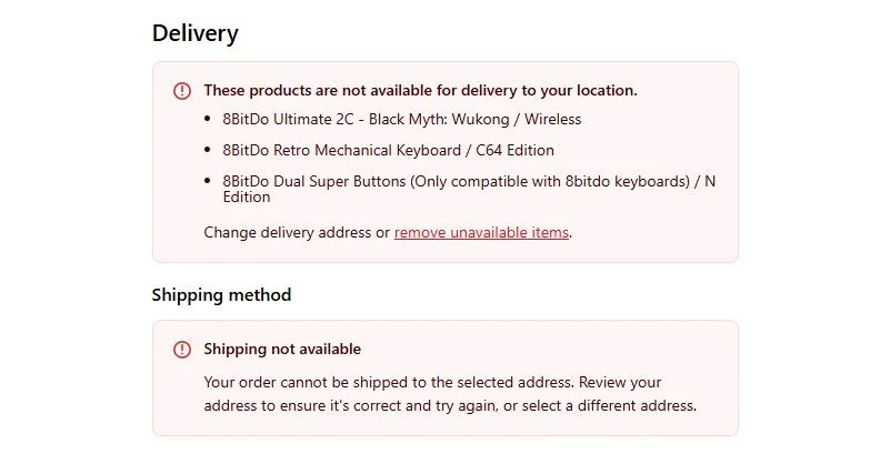 Giao diện đặt hàng 8BitDo hiển thị thông báo lỗi vận chuyển đến địa chỉ Mỹ do thuế quan