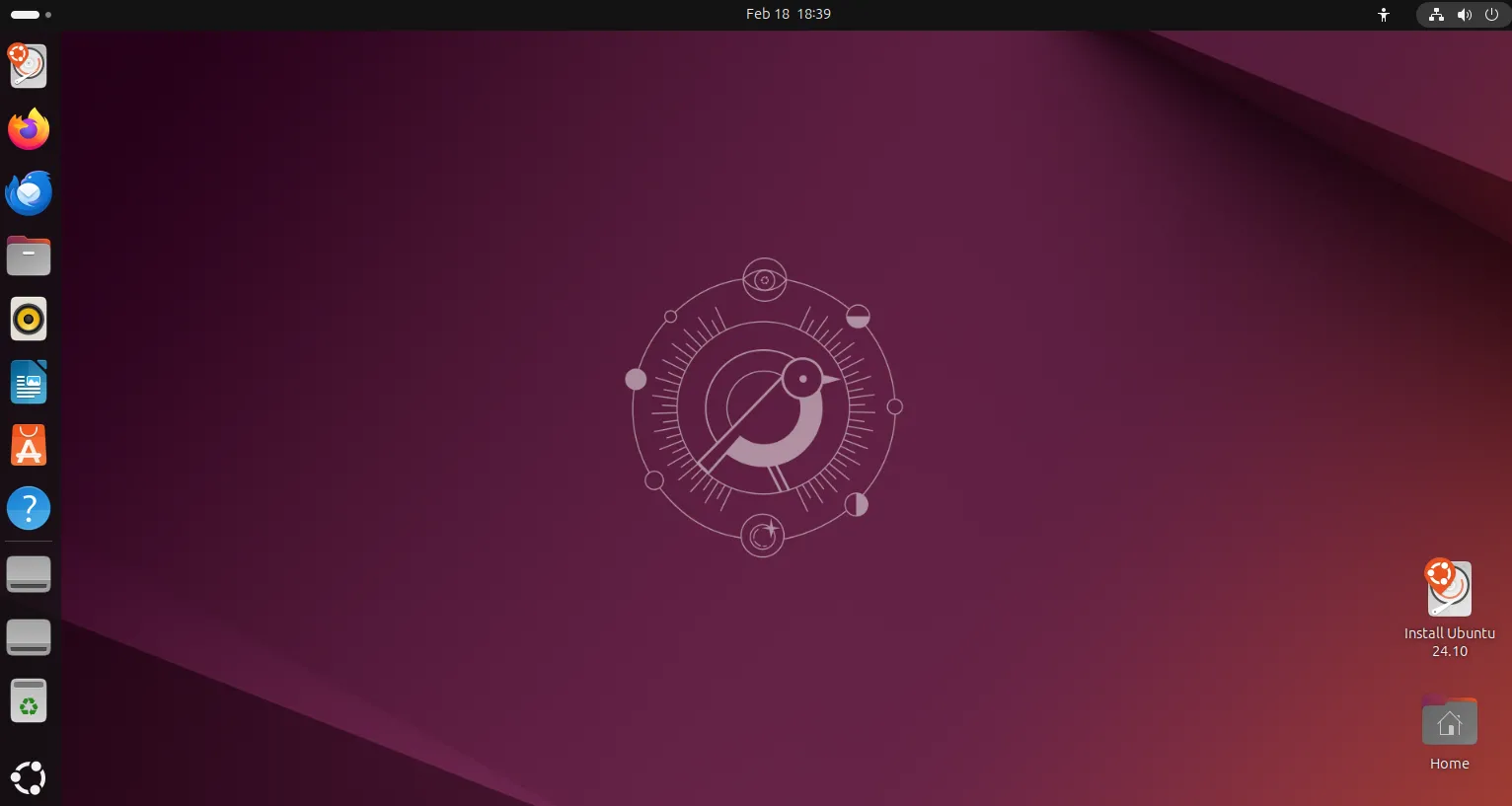 Giao diện desktop Ubuntu 24.10 mới nhất với thanh dock bên trái và thanh trạng thái phía trên