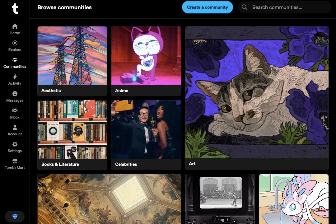 Giao diện duyệt và khám phá các Cộng đồng Tumblr mới được ra mắt.