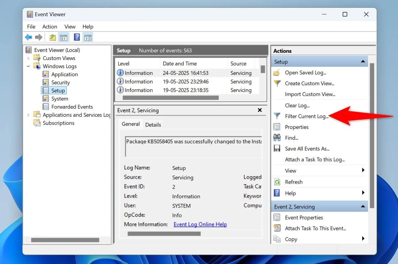 Giao diện Event Viewer hiển thị tùy chọn lọc nhật ký hiện tại để xem lịch sử khởi động lại.