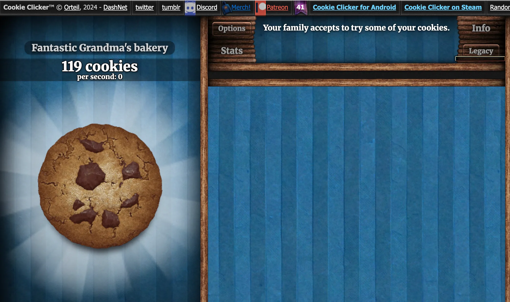 Giao diện game Cookie Clicker với bánh quy khổng lồ và các nâng cấp