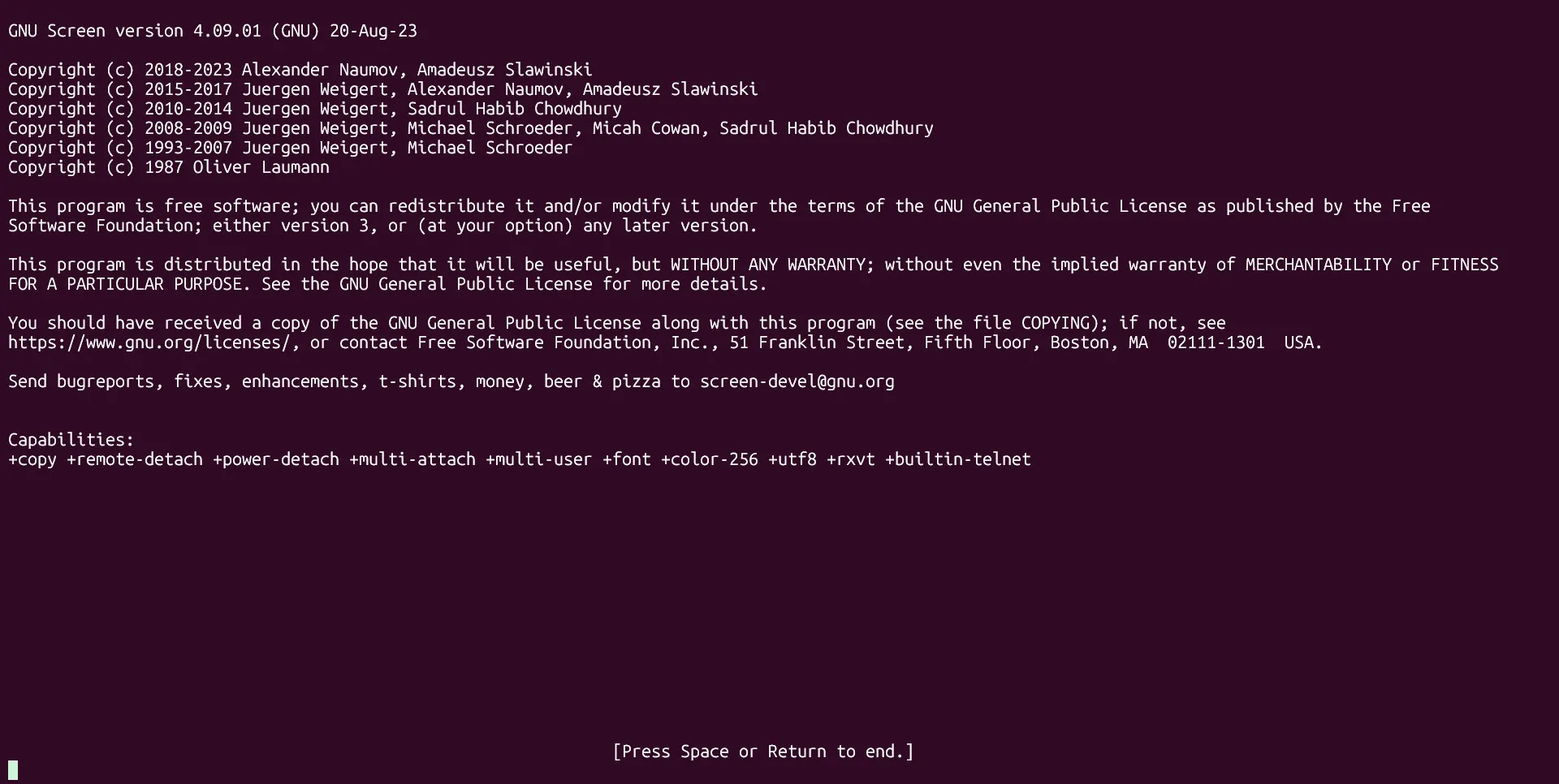 Giao diện GNU Screen hoạt động trên Ubuntu WSL, hiển thị môi trường dòng lệnh truyền thống.