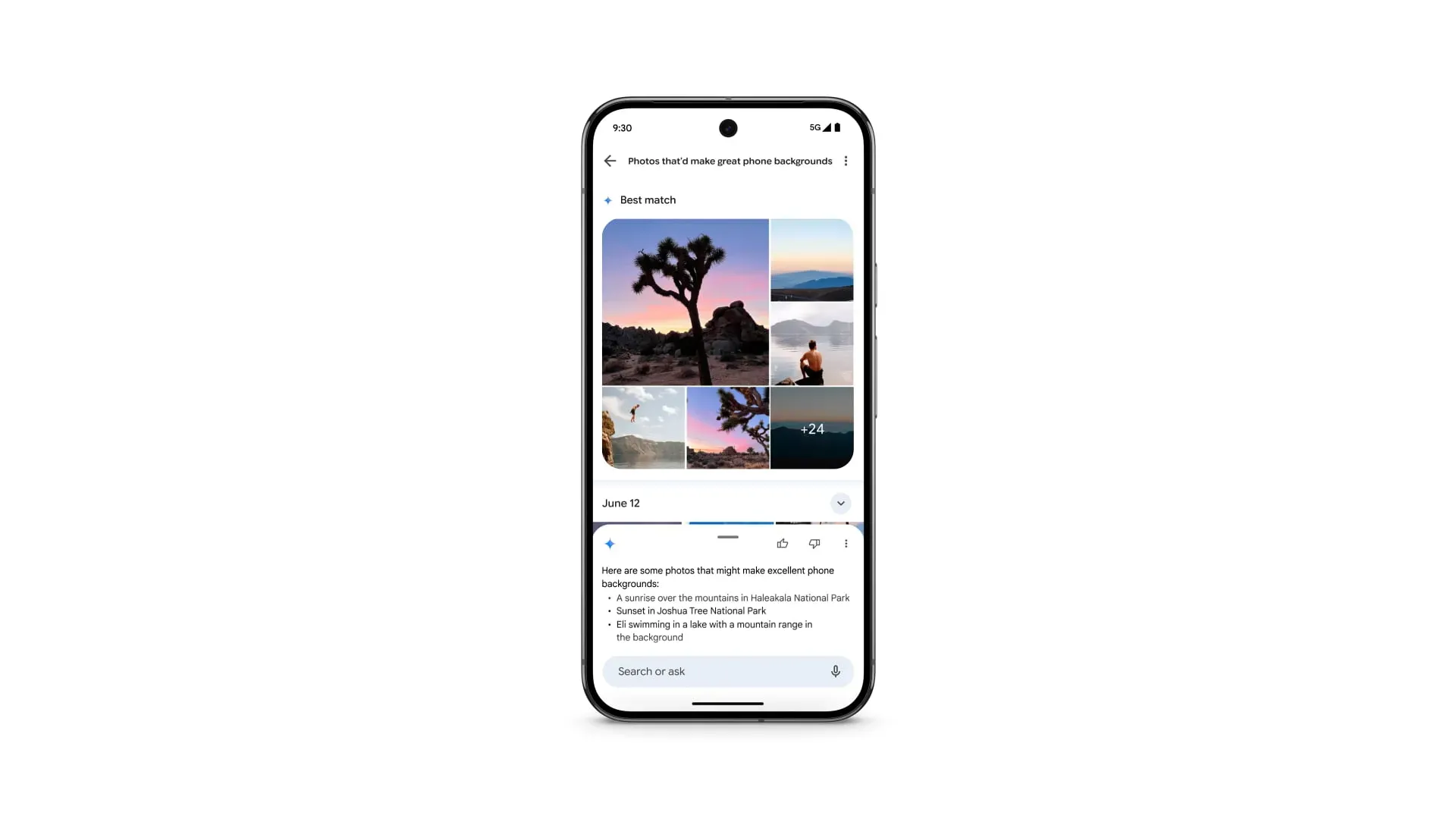 Giao diện Google Photos hiển thị kết quả tìm kiếm Ask Photos, ưu tiên hiển thị kết quả truyền thống trước khi có gợi ý từ Gemini AI.