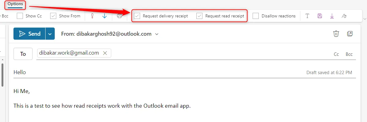 Giao diện gửi email của Outlook với tùy chọn yêu cầu biên nhận đã đọc và biên nhận đã gửi được bật, thể hiện cách cấu hình thông báo.