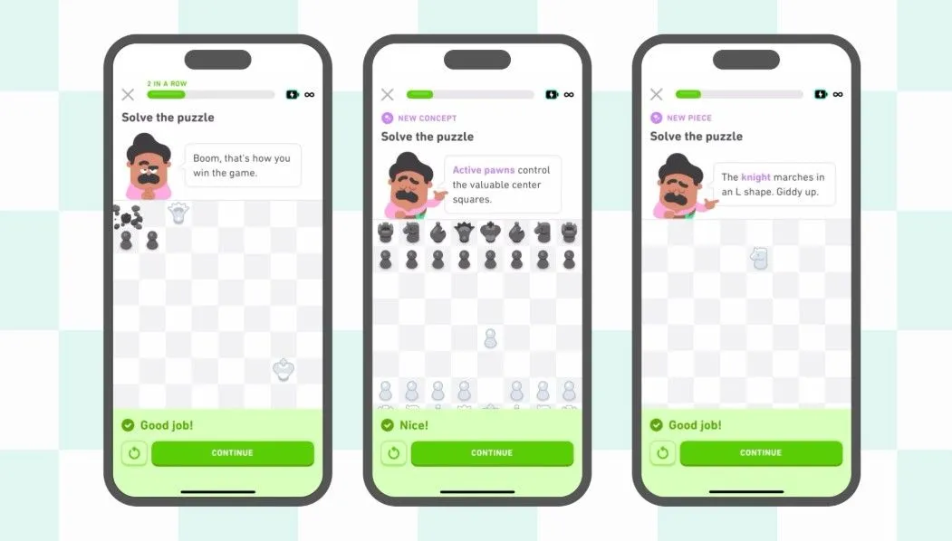 Giao diện khóa học cờ vua Duolingo với các bài tập tương tác