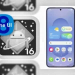 Giao diện logo One UI 8 trên nền logo Android 16 bên cạnh điện thoại Samsung