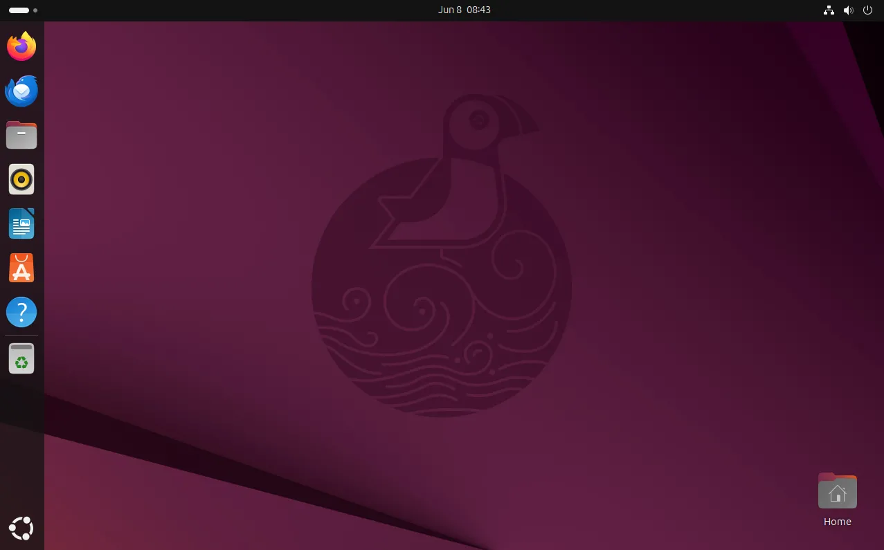 Giao diện màn hình nền Ubuntu 25.04 mặc định với thanh tác vụ