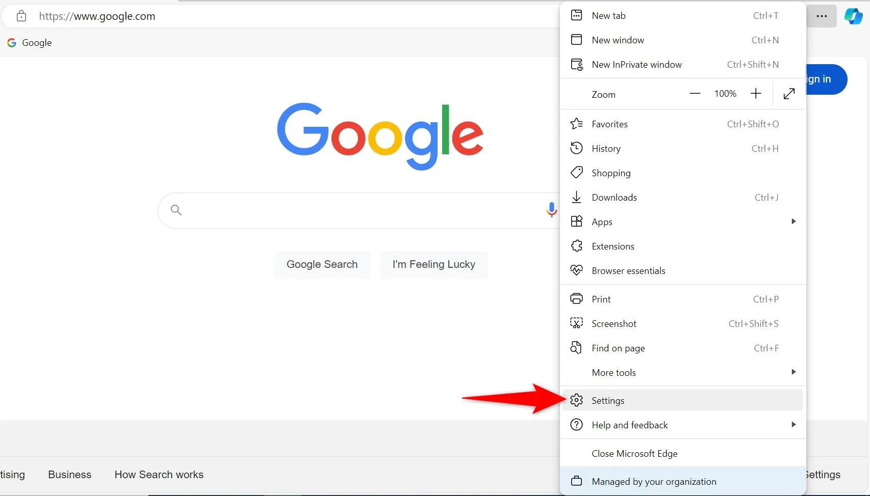 Giao diện Microsoft Edge trên máy tính với menu Cài đặt được mở, nhấn mạnh tùy chọn &quot;Settings&quot;.