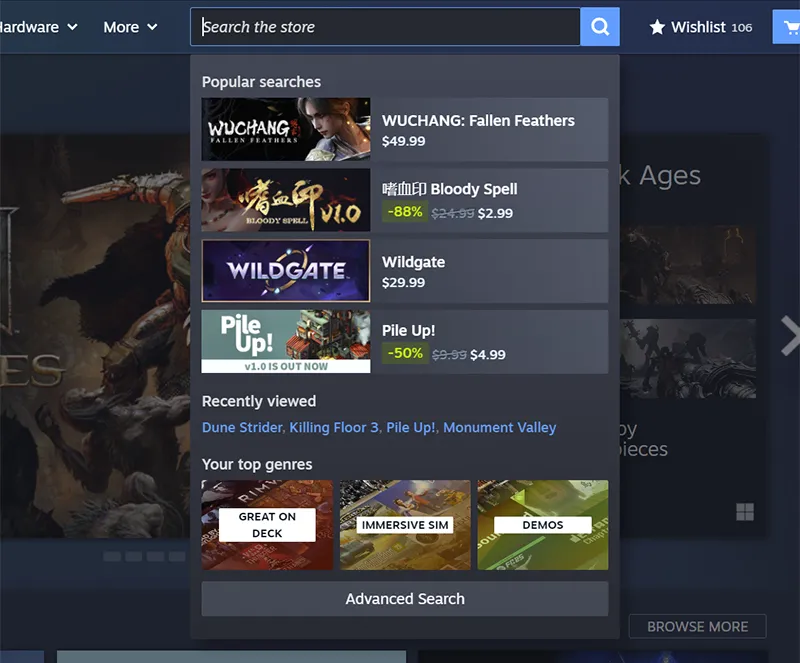 Giao diện mới của Steam với thanh tìm kiếm nâng cấp và menu điều hướng hợp nhất.