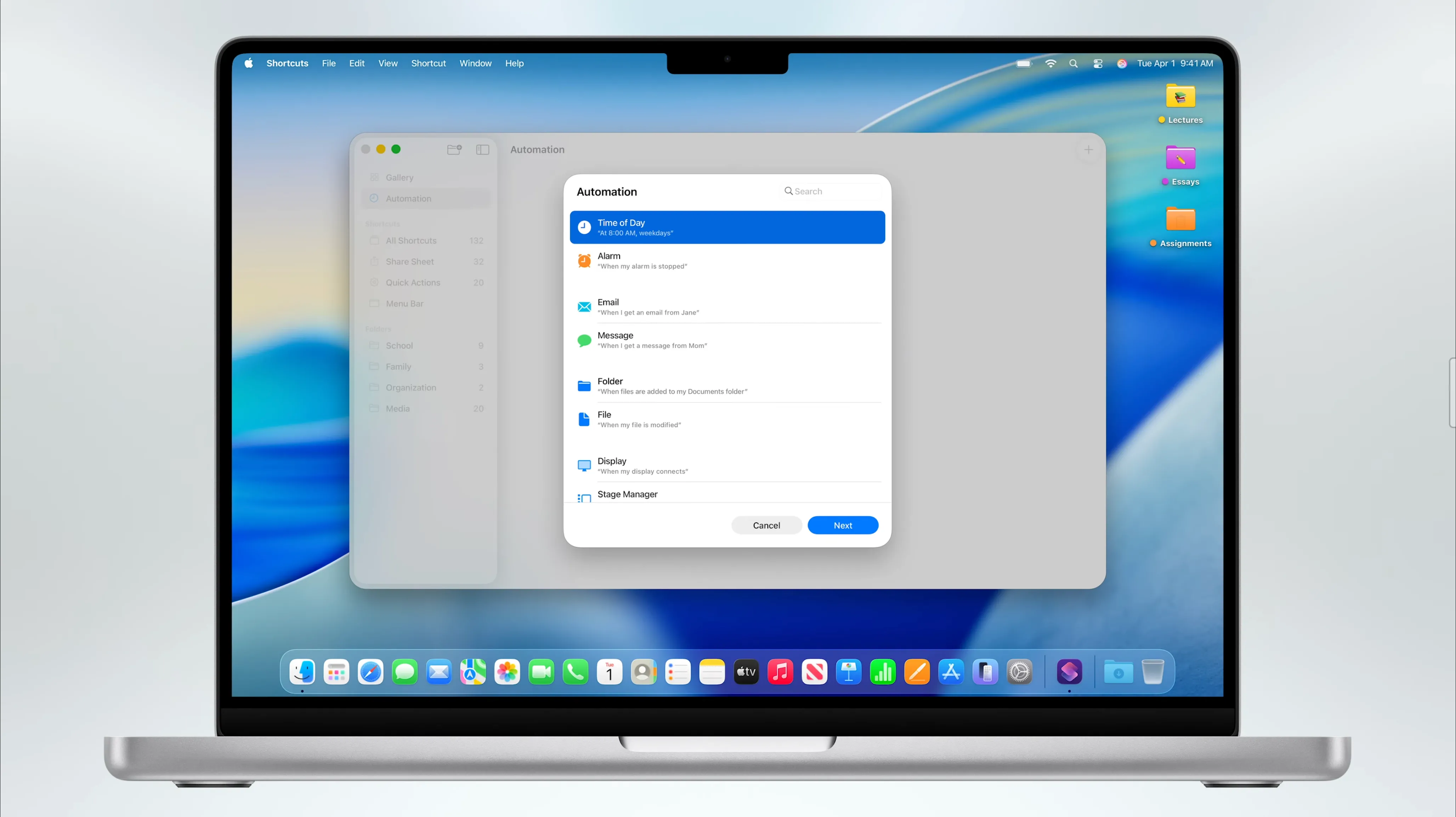 Giao diện mới của ứng dụng Phím tắt (Shortcuts) trên macOS 26 Tahoe, cho phép thiết lập các trình kích hoạt tự động hóa nâng cao.