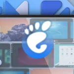 Giao diện môi trường desktop GNOME với logo đặc trưng và hình nền hình học, thể hiện khả năng tùy biến trên các bản phân phối Linux như Bazzite.