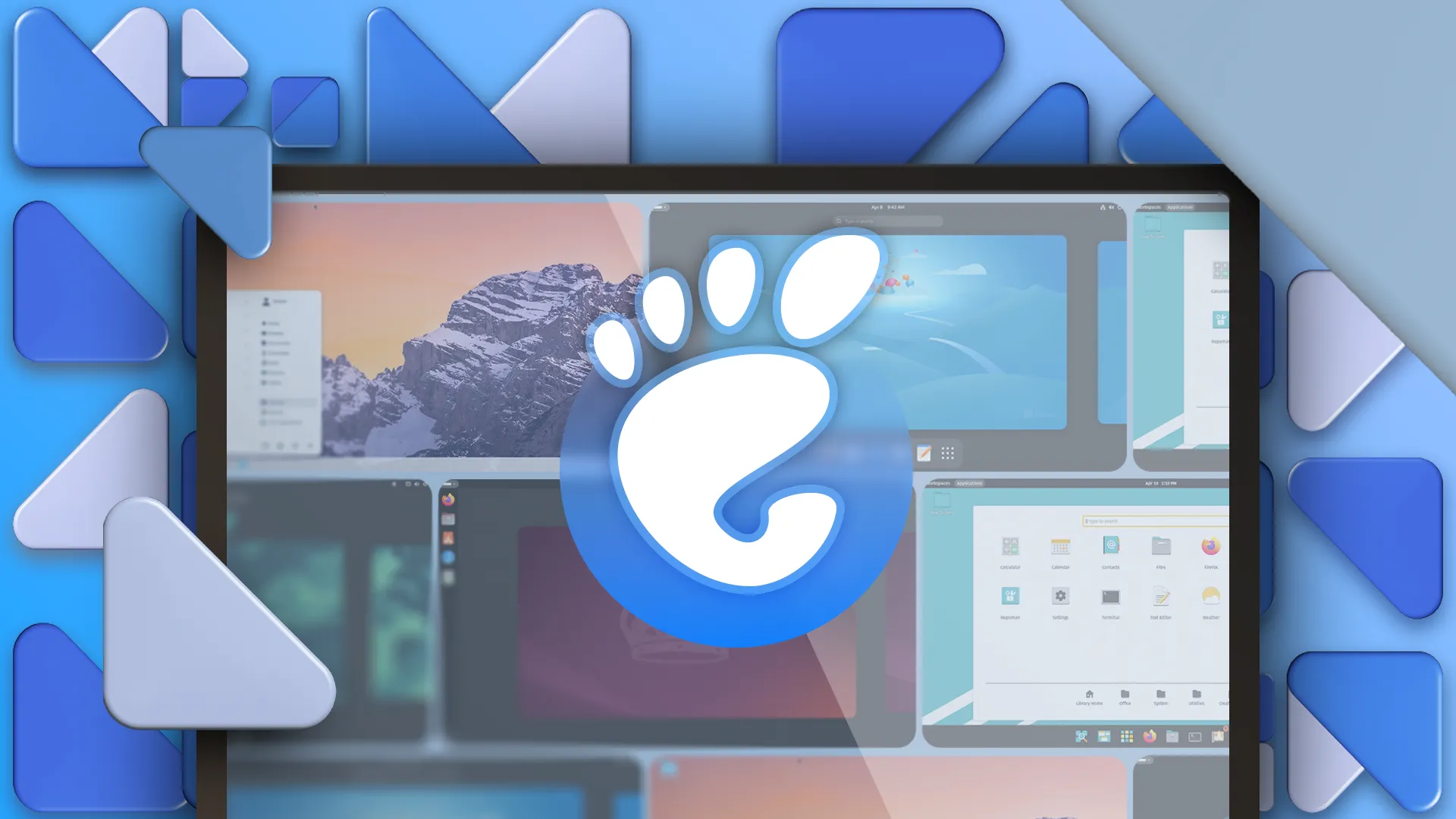 Giao diện môi trường desktop GNOME với logo đặc trưng và hình nền hình học, thể hiện khả năng tùy biến trên các bản phân phối Linux như Bazzite.