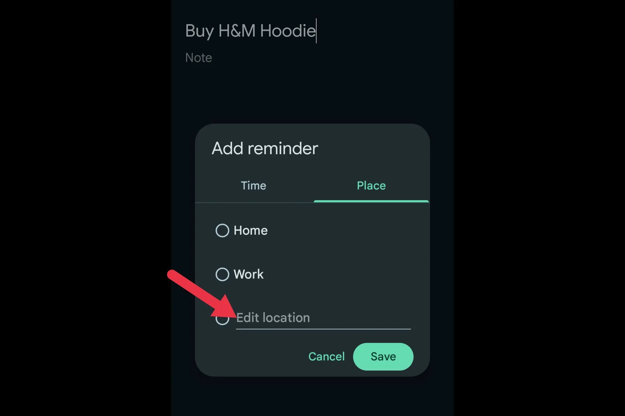 Giao diện nhập địa điểm cho nhắc nhở dựa trên vị trí trong Google Keep.