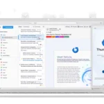 Giao diện phần mềm email Thunderbird trên máy tính xách tay và logo trên điện thoại thông minh.