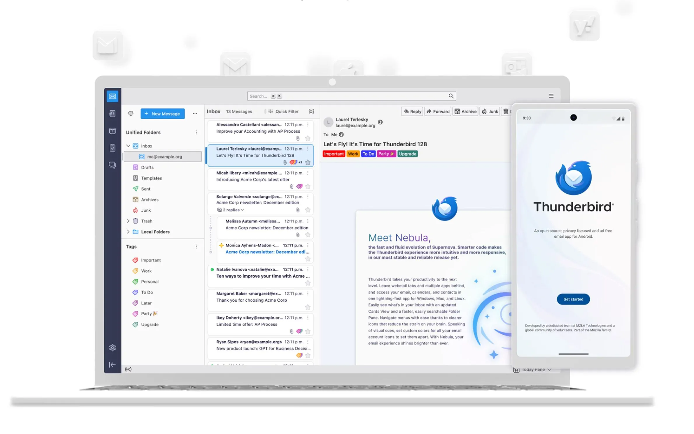 Giao diện phần mềm email Thunderbird trên máy tính xách tay và logo trên điện thoại thông minh.