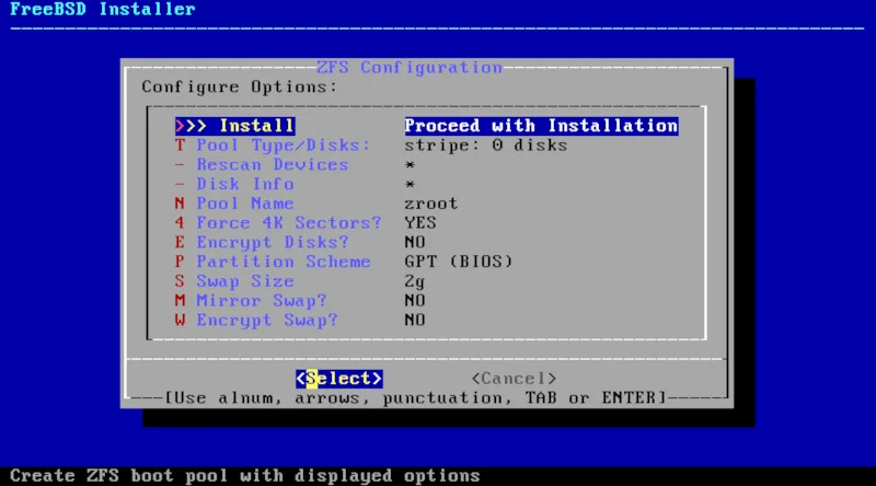 Giao diện phân vùng tự động trong quá trình cài đặt FreeBSD