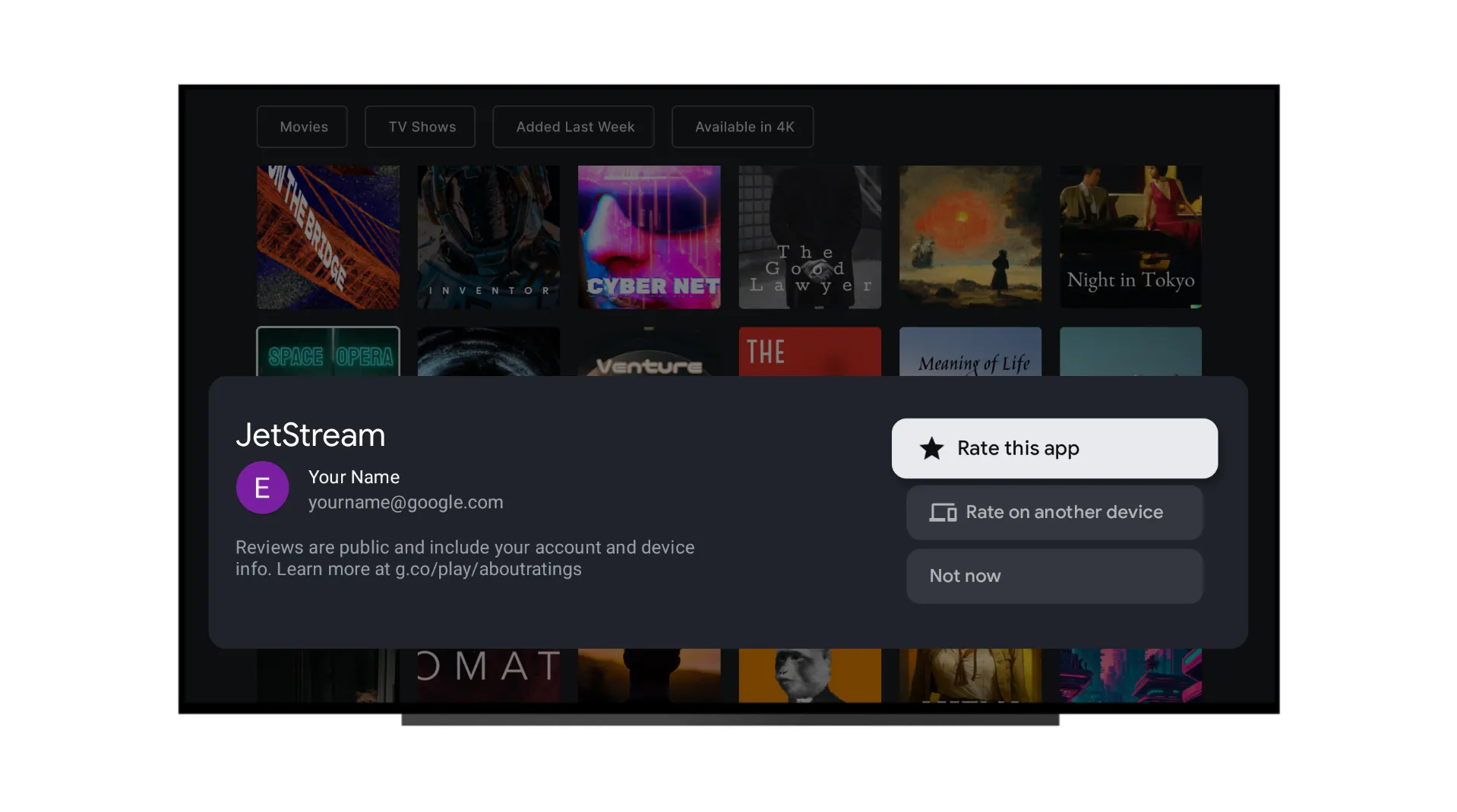 Giao diện pop-up đánh giá ứng dụng trực tiếp trên Google TV
