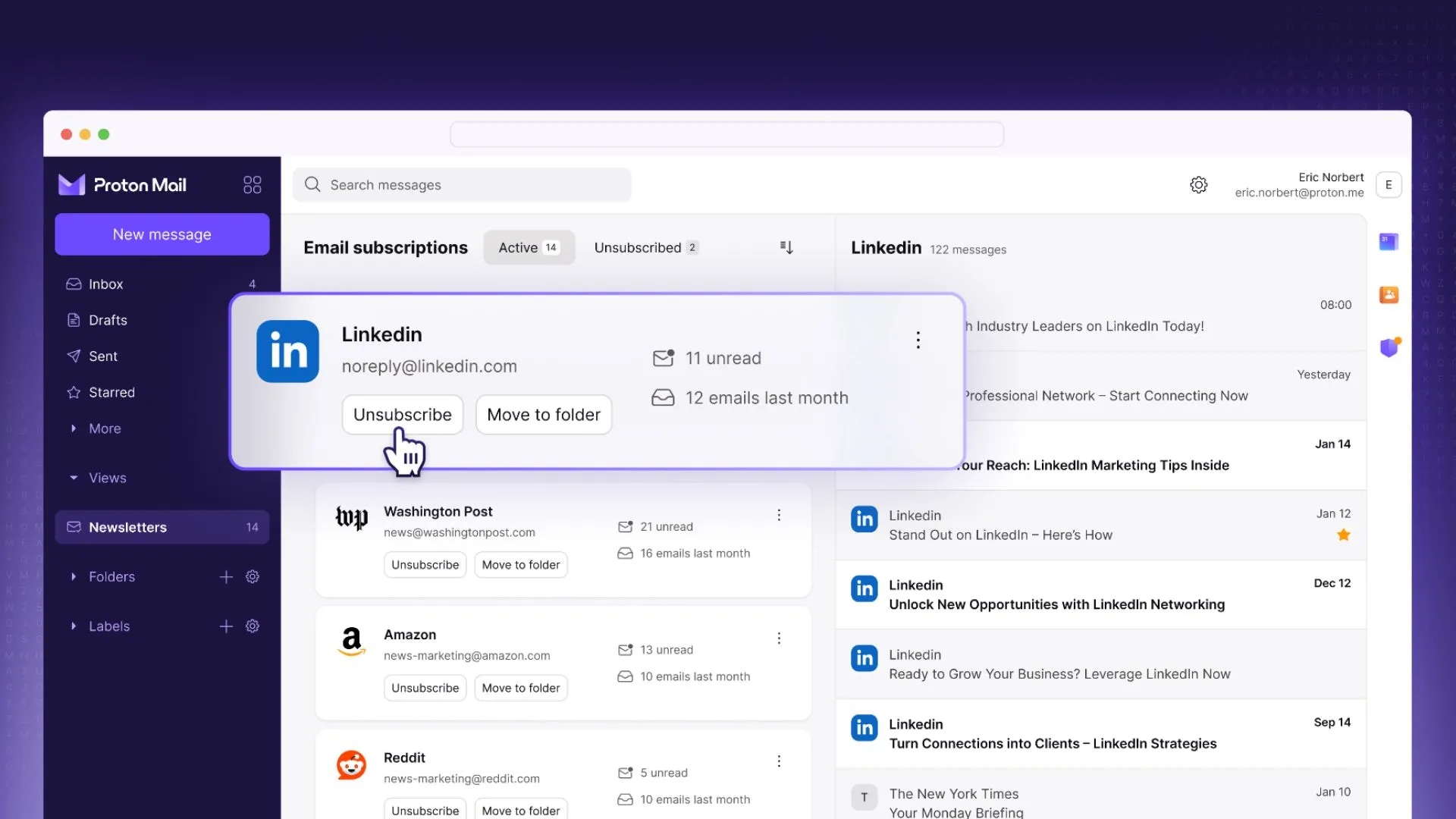 Giao diện Proton Mail hiển thị tính năng Newsletter View mới giúp quản lý email đăng ký dễ dàng