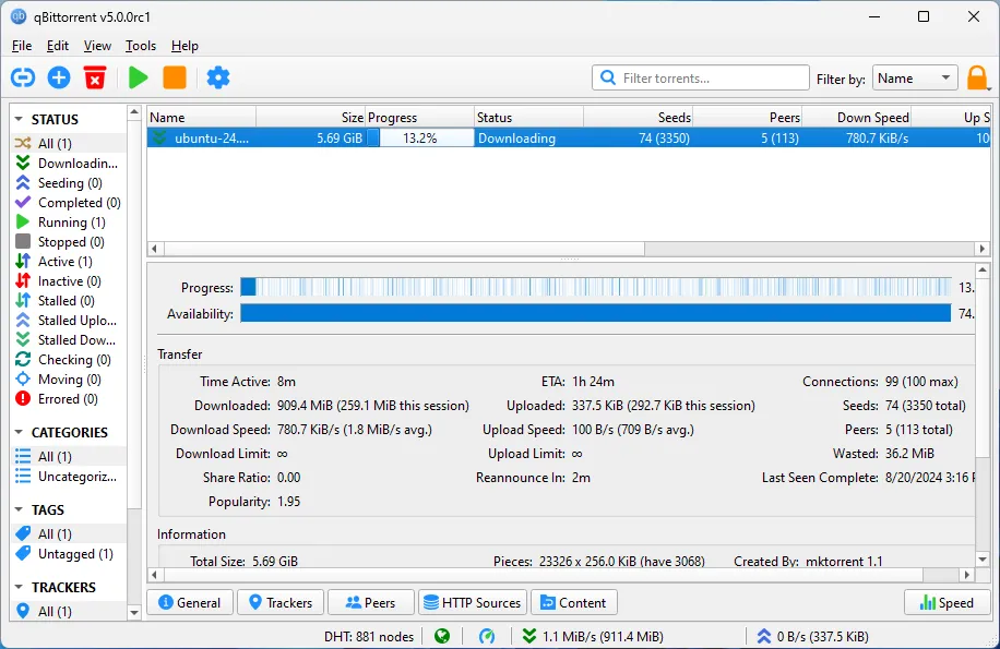 Giao diện qBittorrent 5.0 đang tải về bản phân phối Ubuntu, cho thấy các cải tiến trực quan và cột thông tin
