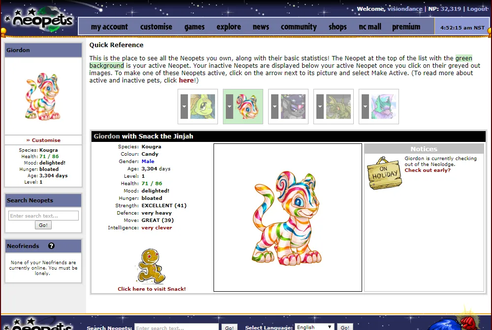 Giao diện quản lý thú cưng ảo trong game Neopets trên trình duyệt