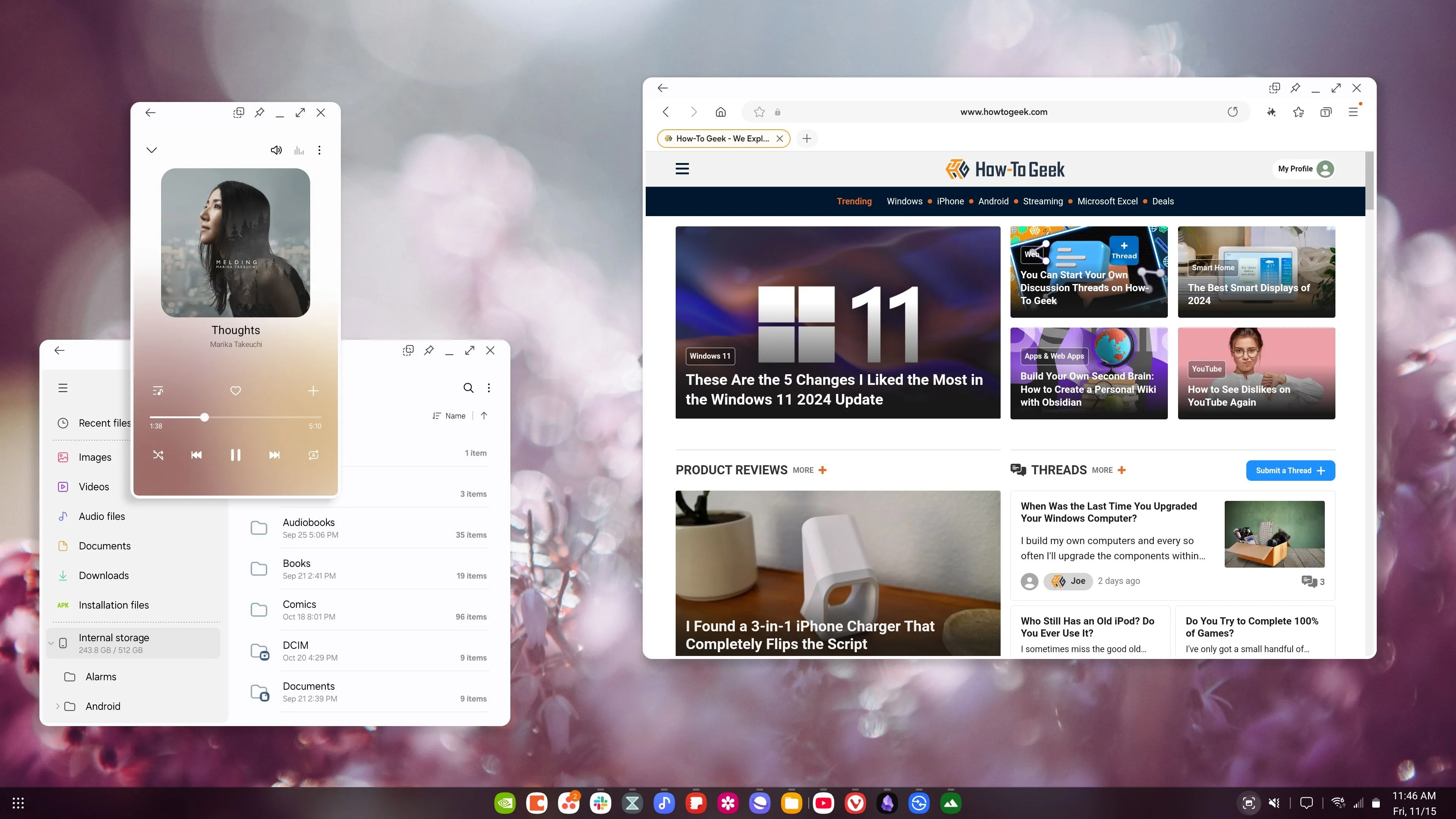 Giao diện Samsung DeX trên màn hình máy tính với nhiều ứng dụng đang mở, thể hiện khả năng làm việc đa nhiệm