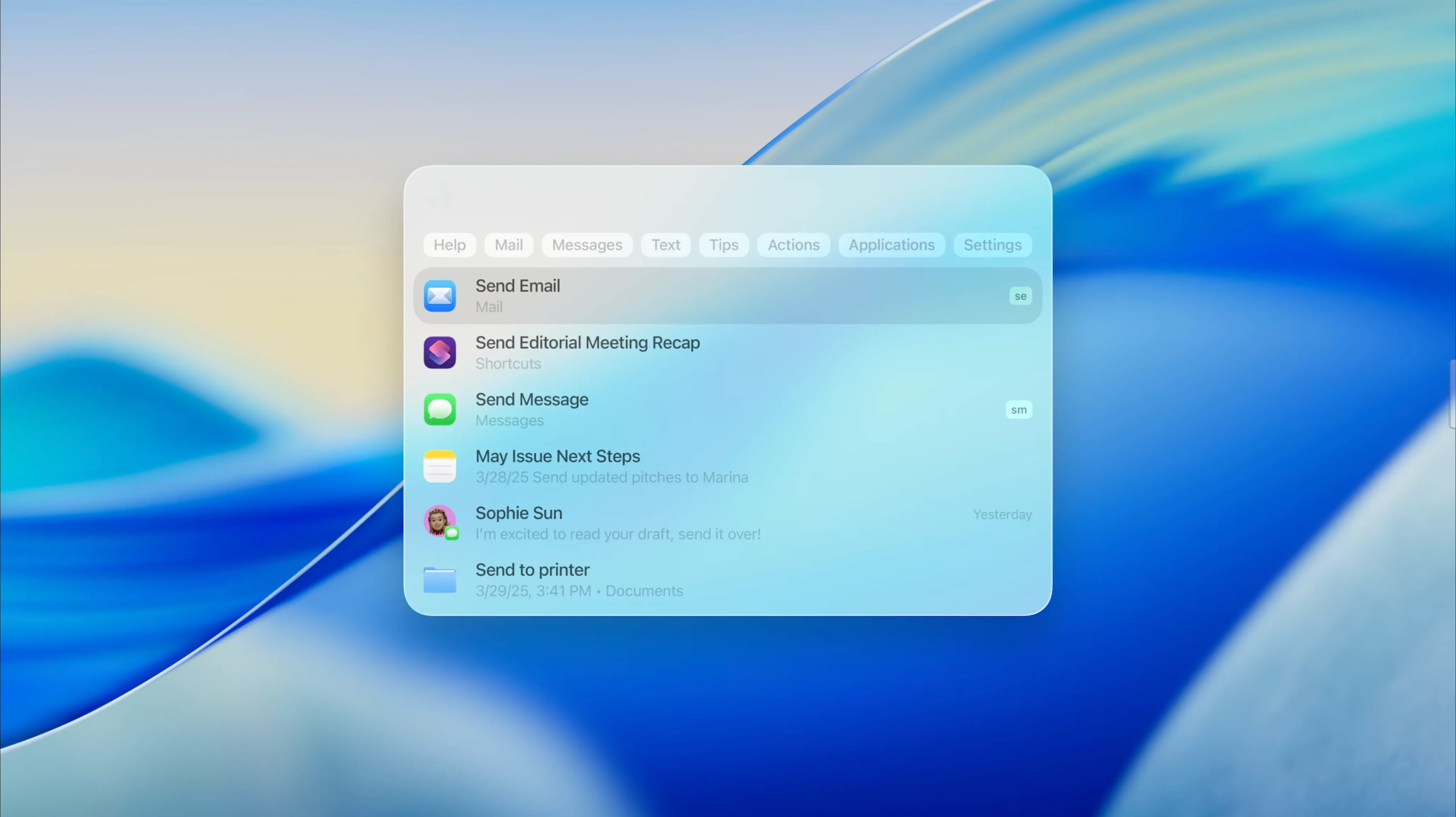 Giao diện Spotlight được cải tiến trên macOS 26 Tahoe, cho phép thực hiện các hành động trực tiếp như soạn email từ thanh tìm kiếm.
