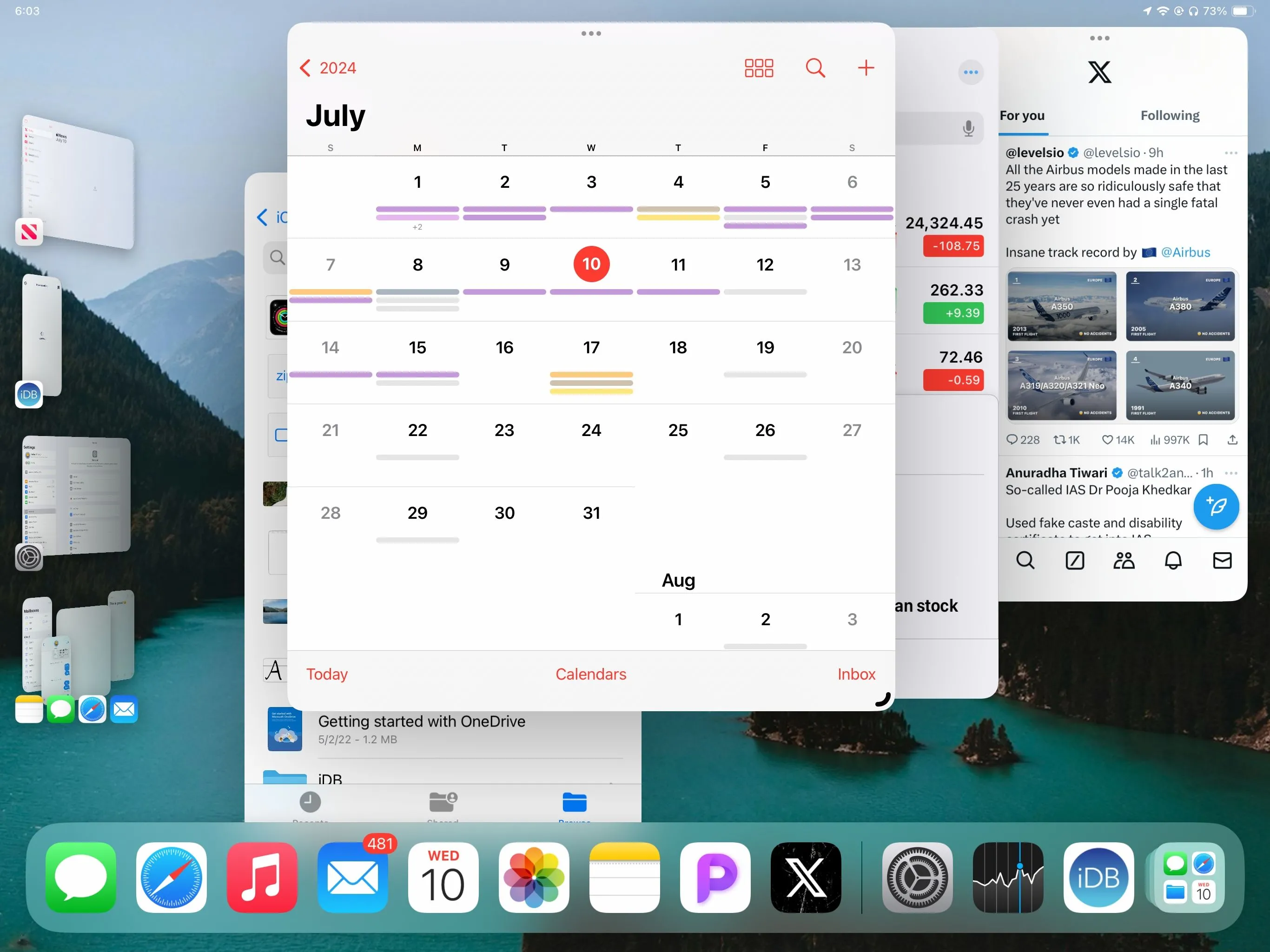 Giao diện Stage Manager trên iPad hiển thị nhiều ứng dụng đa nhiệm cùng lúc như Lịch, Chứng khoán, Tệp và X.